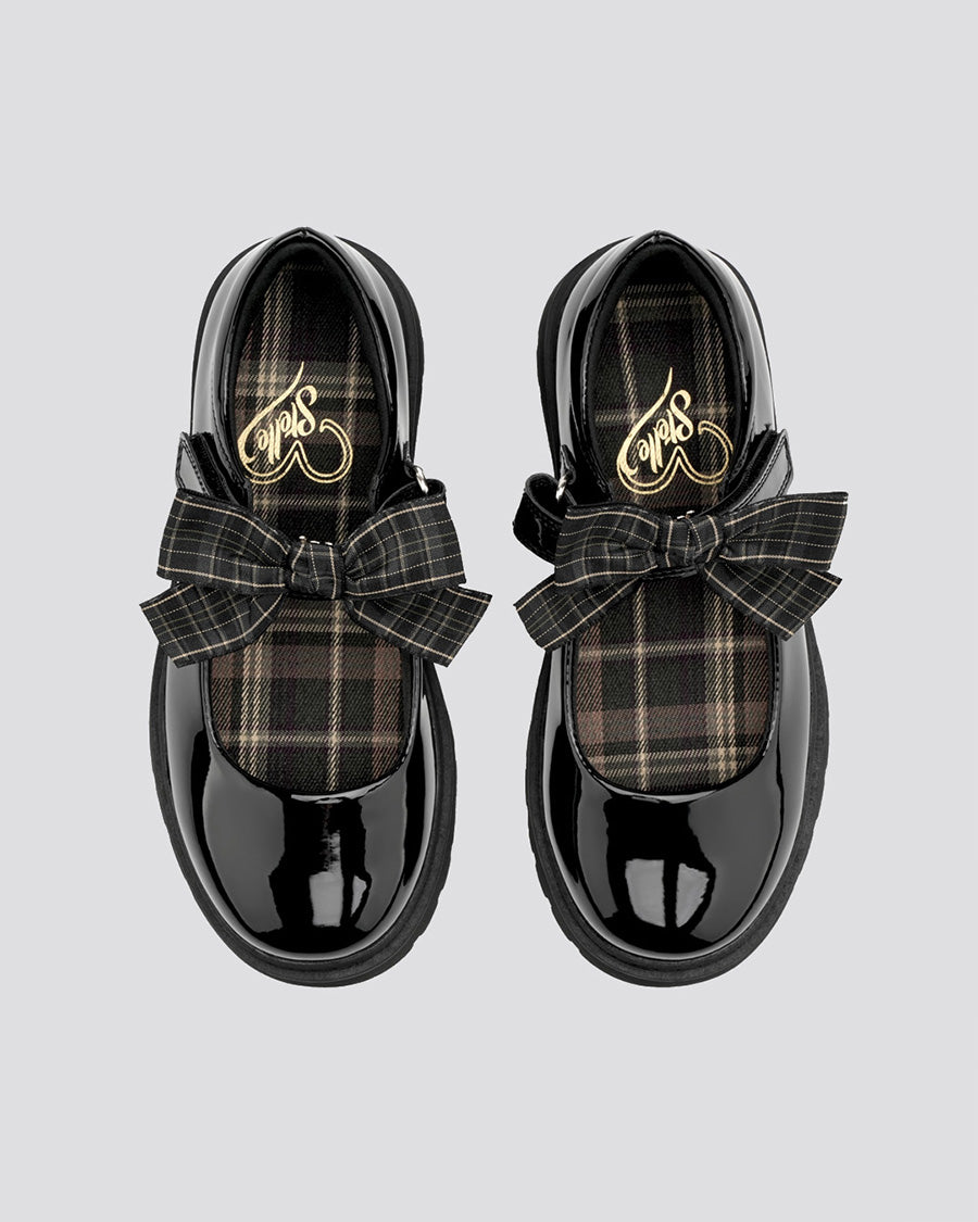 Girls Glossy Black Mary Janes with Detachable Bows - View 3