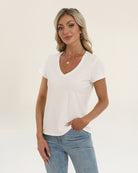 Women's Short Sleeve Slub V-Neck T-Shirt in Creme