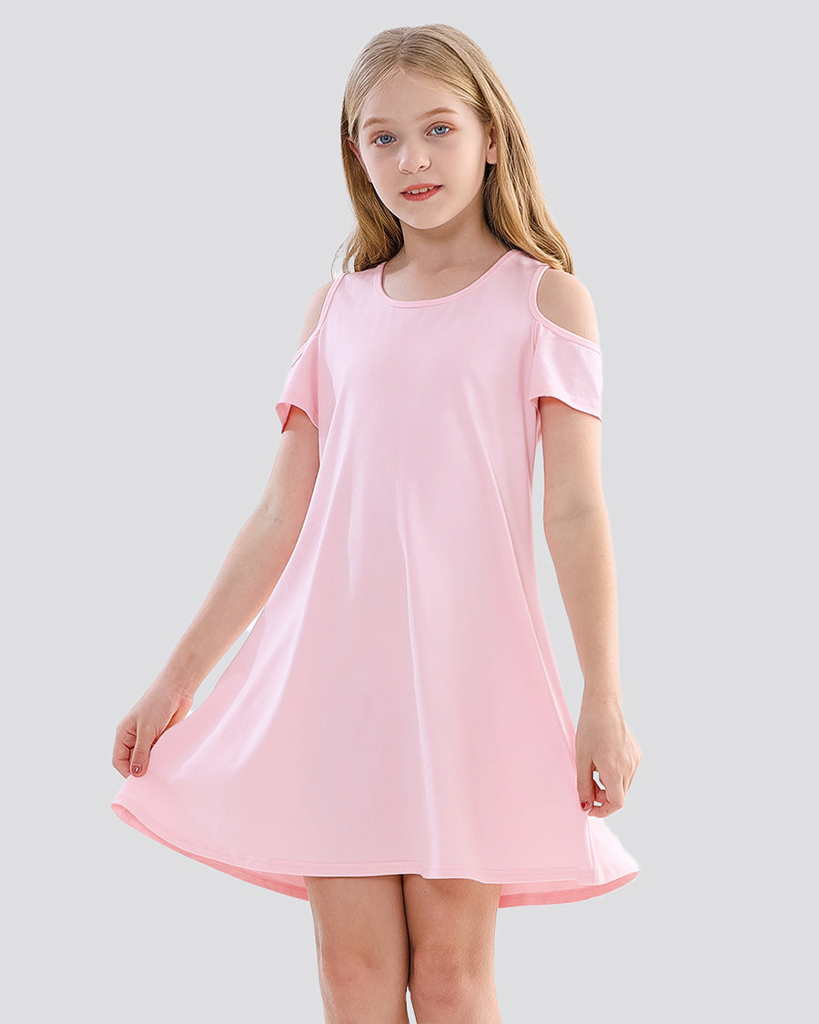 Pink Girls Cold Shoulder Tunic A-Line Twirly Dress