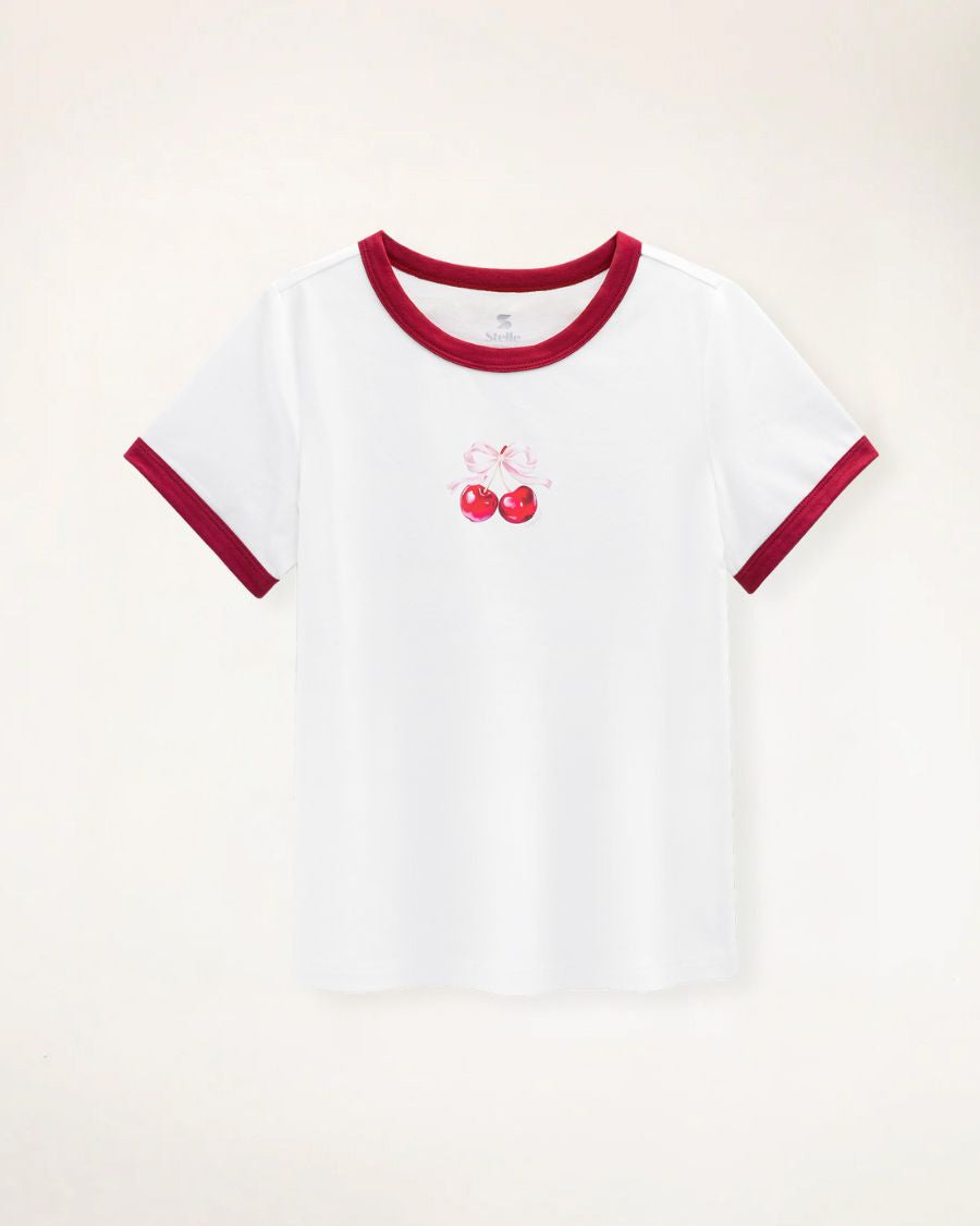 White Kids Cherry Print Ringer Tee