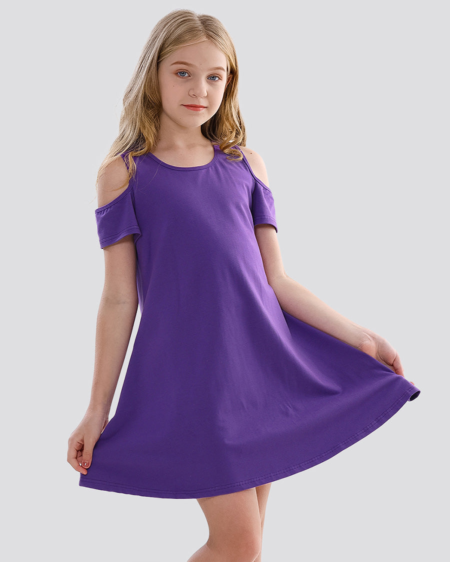 Purple Girls Cold Shoulder Tunic A-Line Twirly Dress