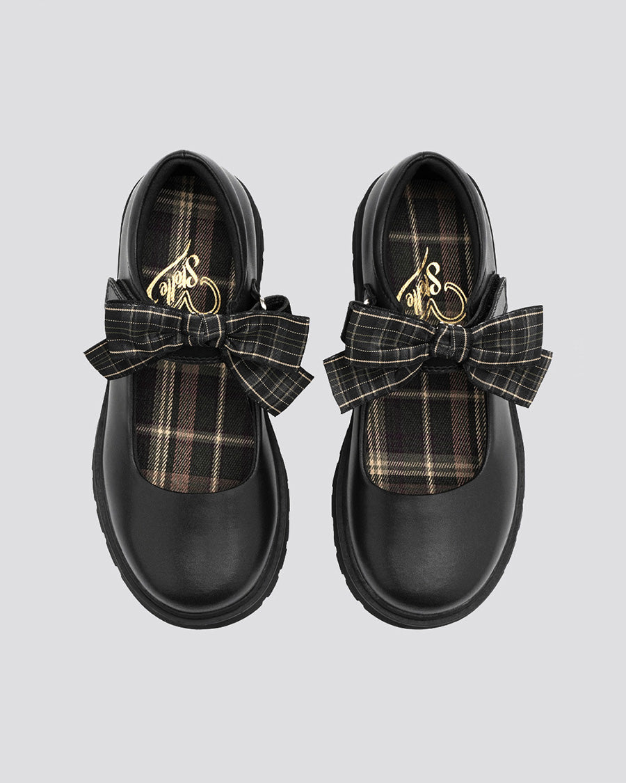 Girls Matte Black Mary Janes with Detachable Bows - View 2