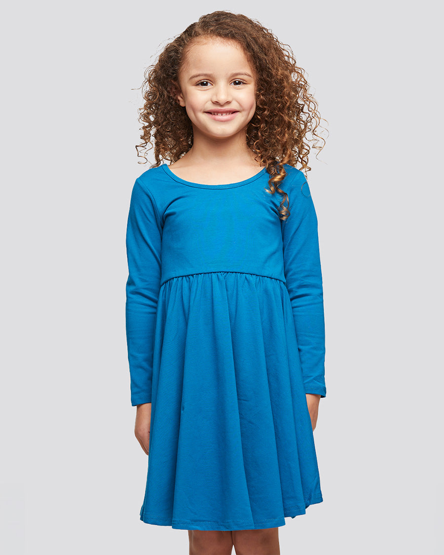Girls Long Sleeve A-Line Twirly Dress in Cyan Blue