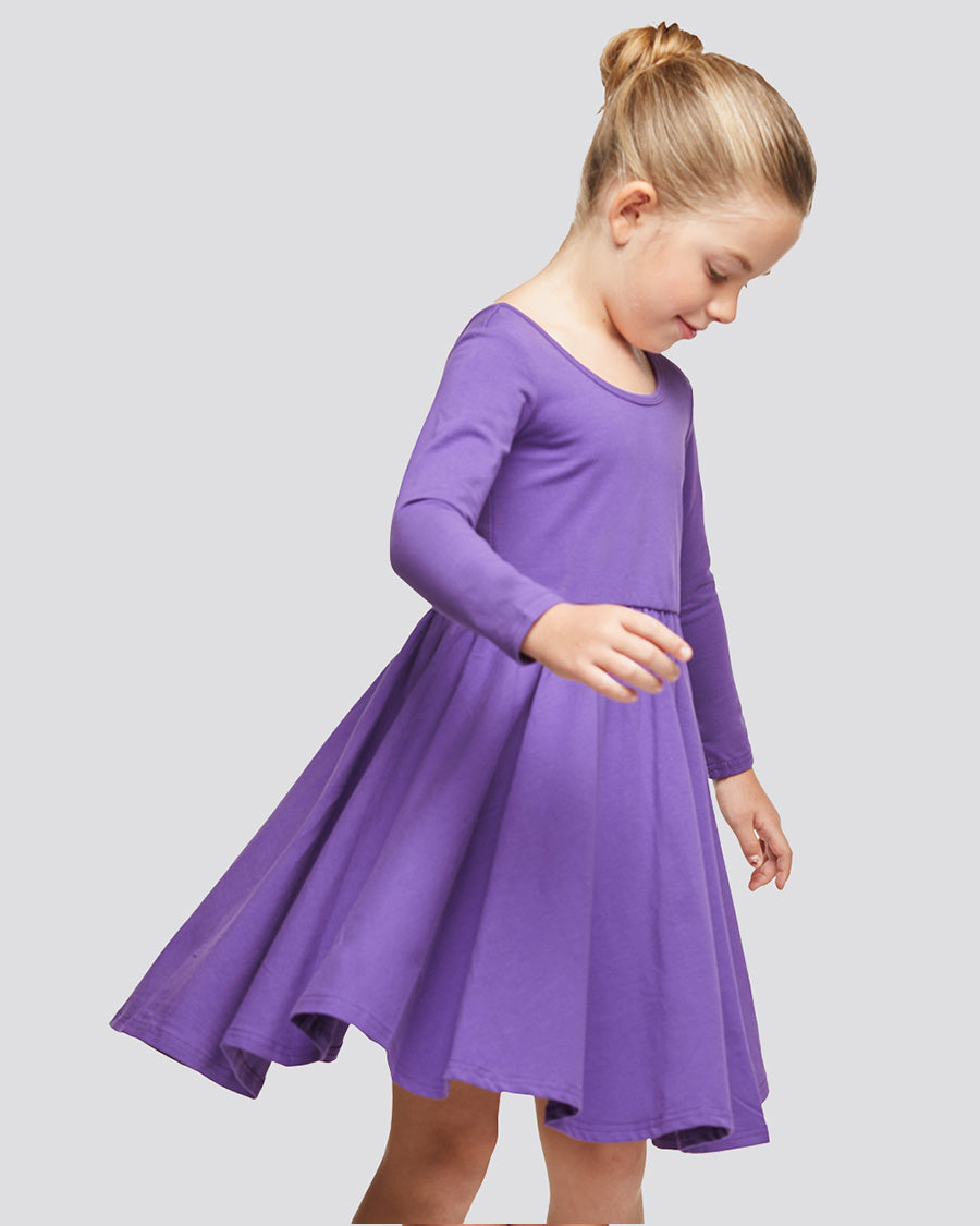 Girls Long Sleeve A-Line Twirly Dress in Purple