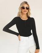 Black Ribbed Knit Henley Top | Long-Sleeve Shirt with 6 Buttons