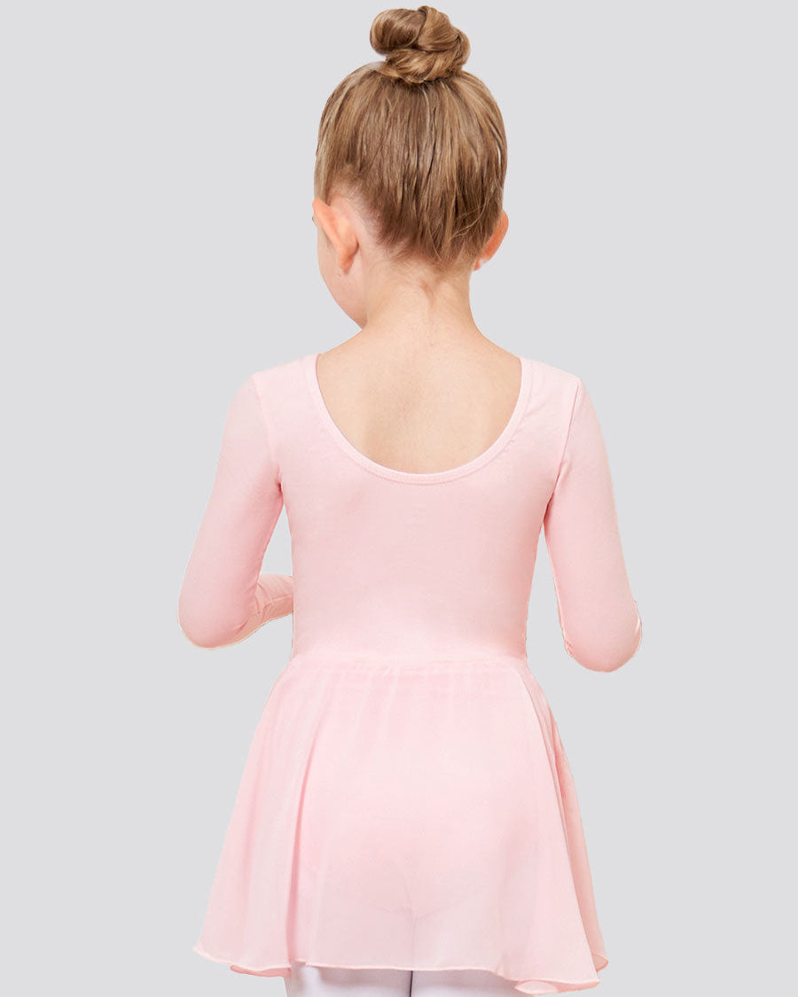 Ballet Pink Girls Long Sleeve Ballet Leotards with Sheer Skirt