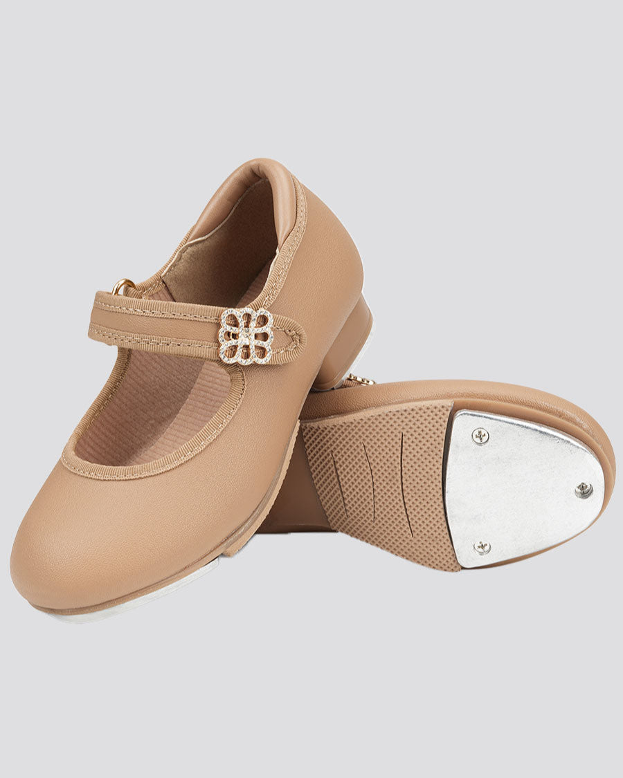 Tan Kids Floral buckle Tap Shoes