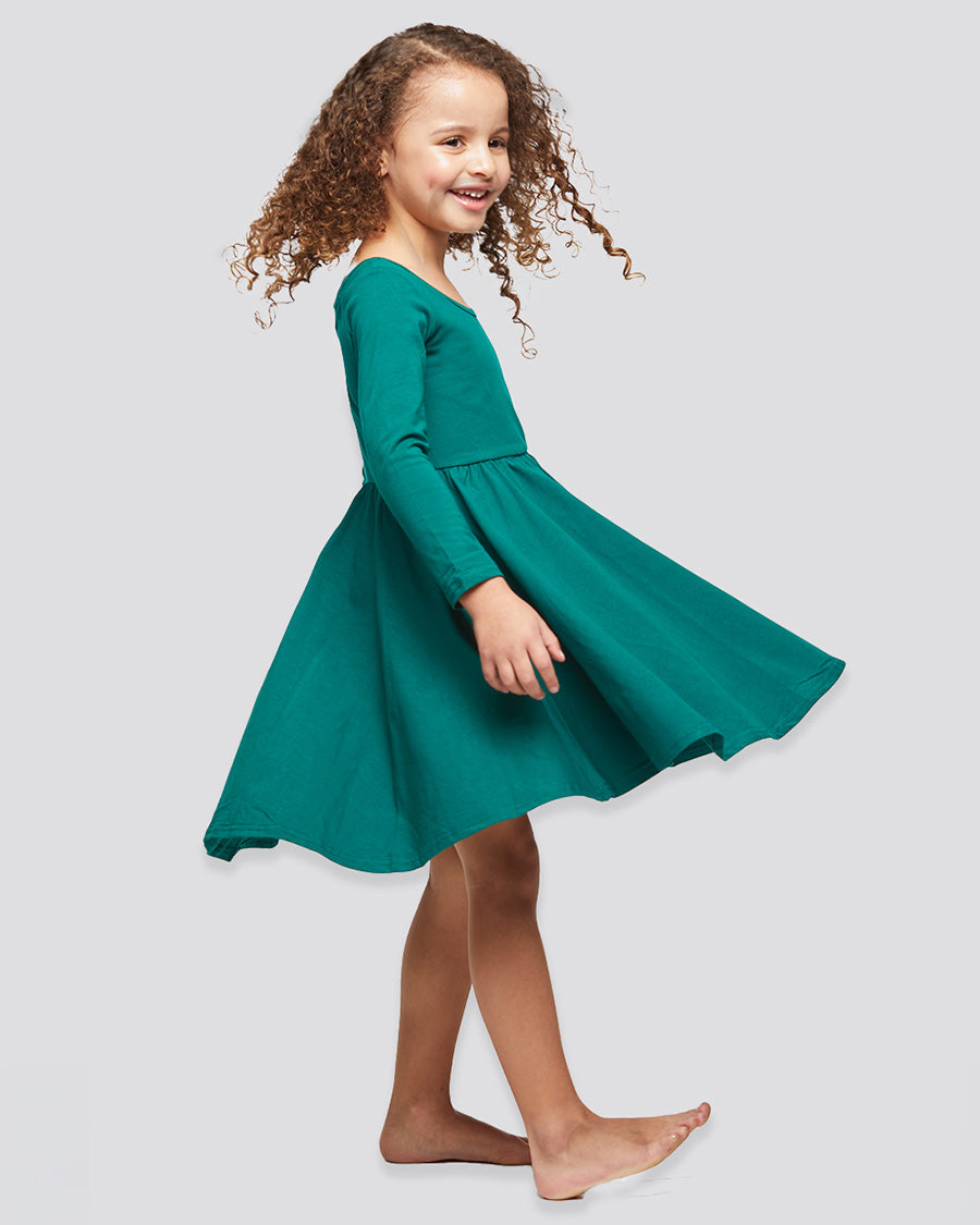 Girls Long Sleeve A-Line Twirly Dress in Green