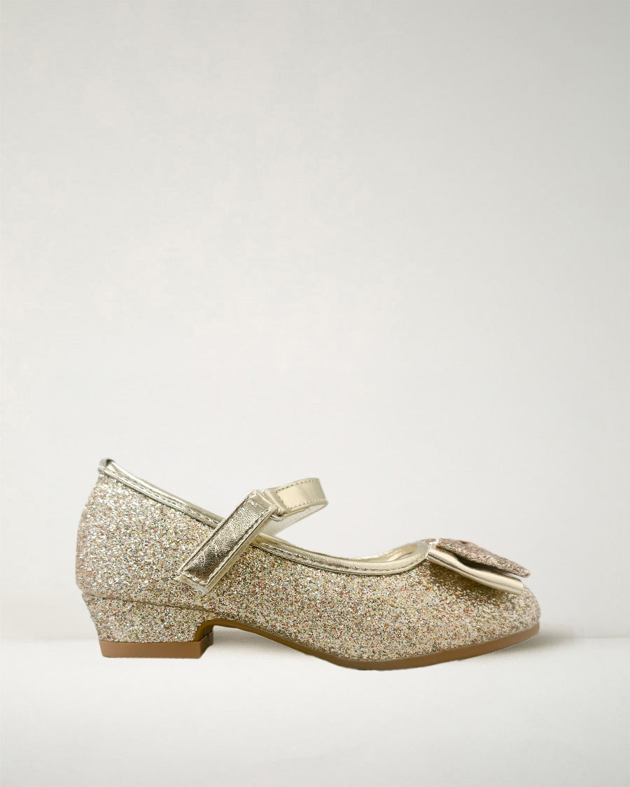 Gold Girls Glitter Mary Jane Low Heel Shoes