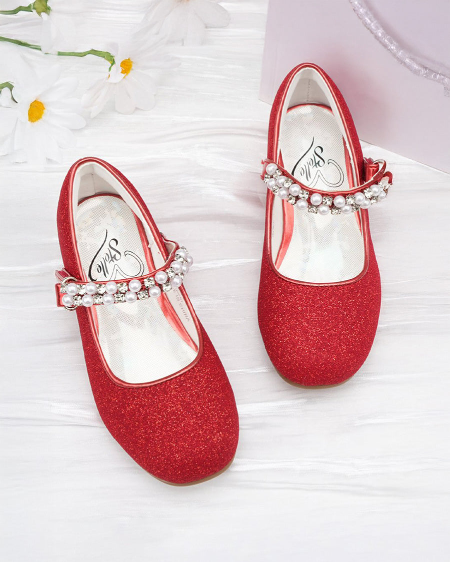 Red Girls Pearl and diamond strap Low Heel Mary Jane