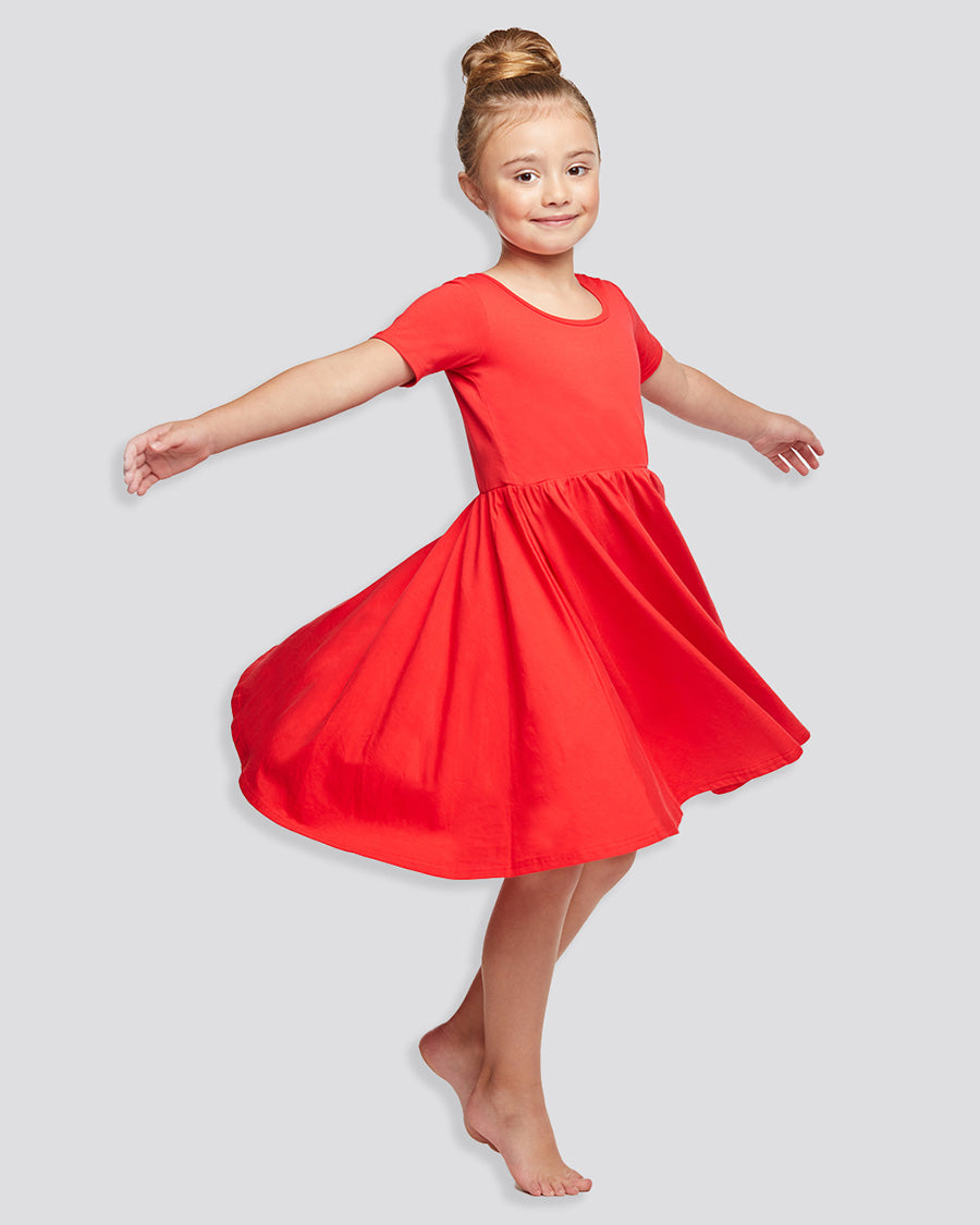 Girls Short Sleeve A-Line Twirly Dress in Red