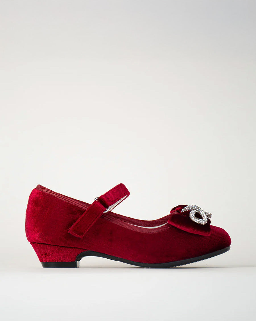 Burgundy Girls Classic Mary Jane Shoes | Velvet Heels with Crystal Bows