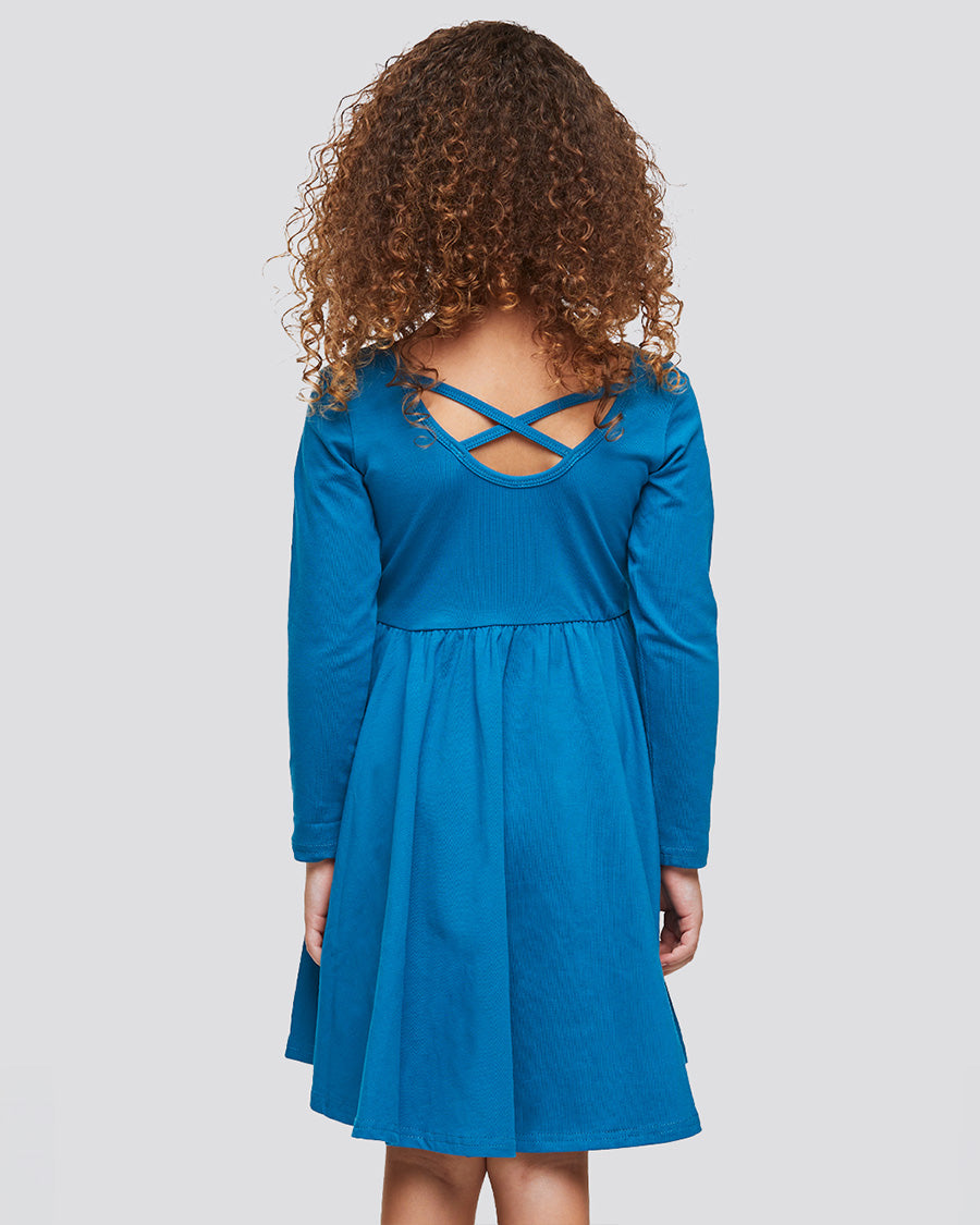 Girls Long Sleeve A-Line Twirly Dress in Cyan Blue