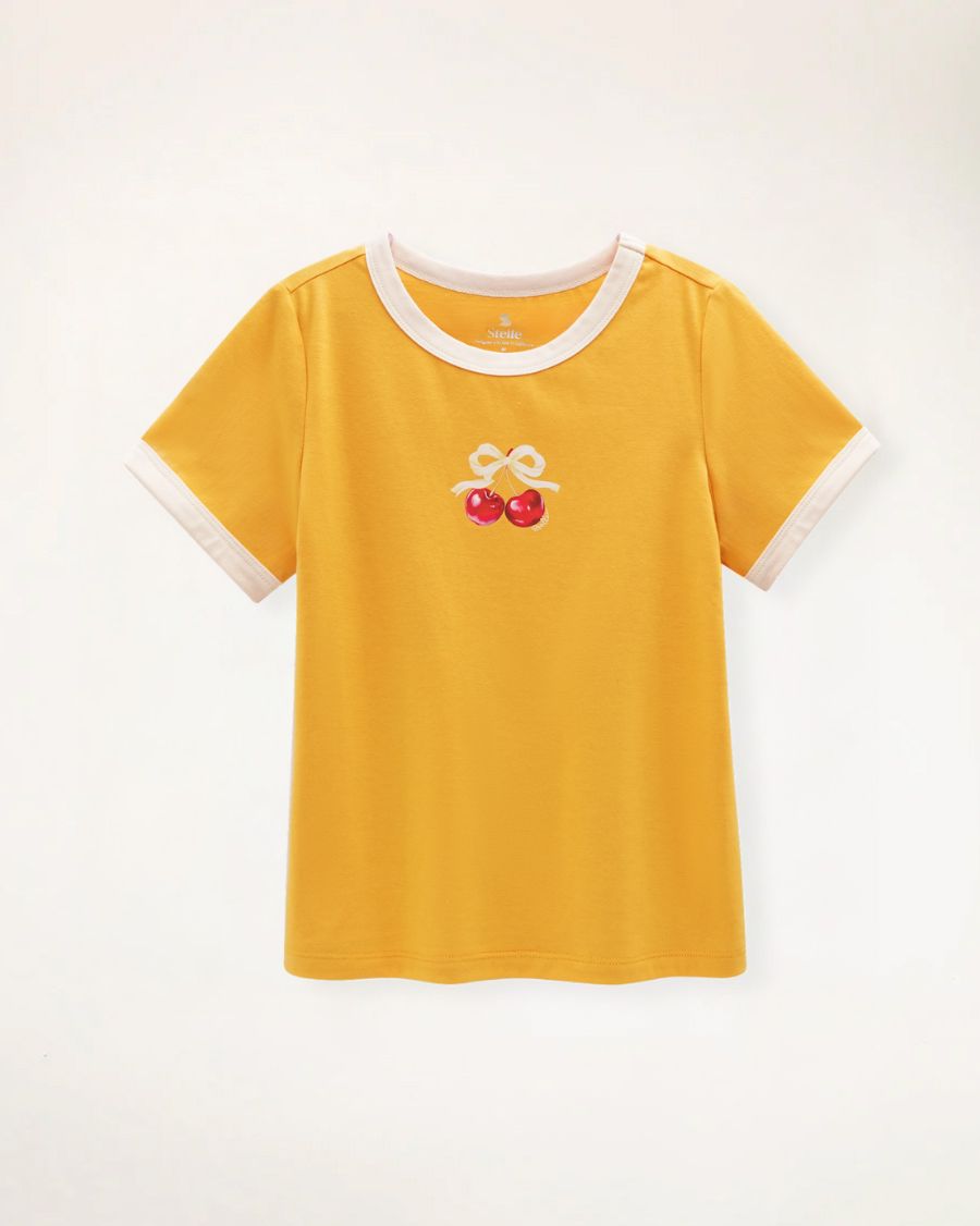 Yellow Kids Cherry Print Ringer Tee