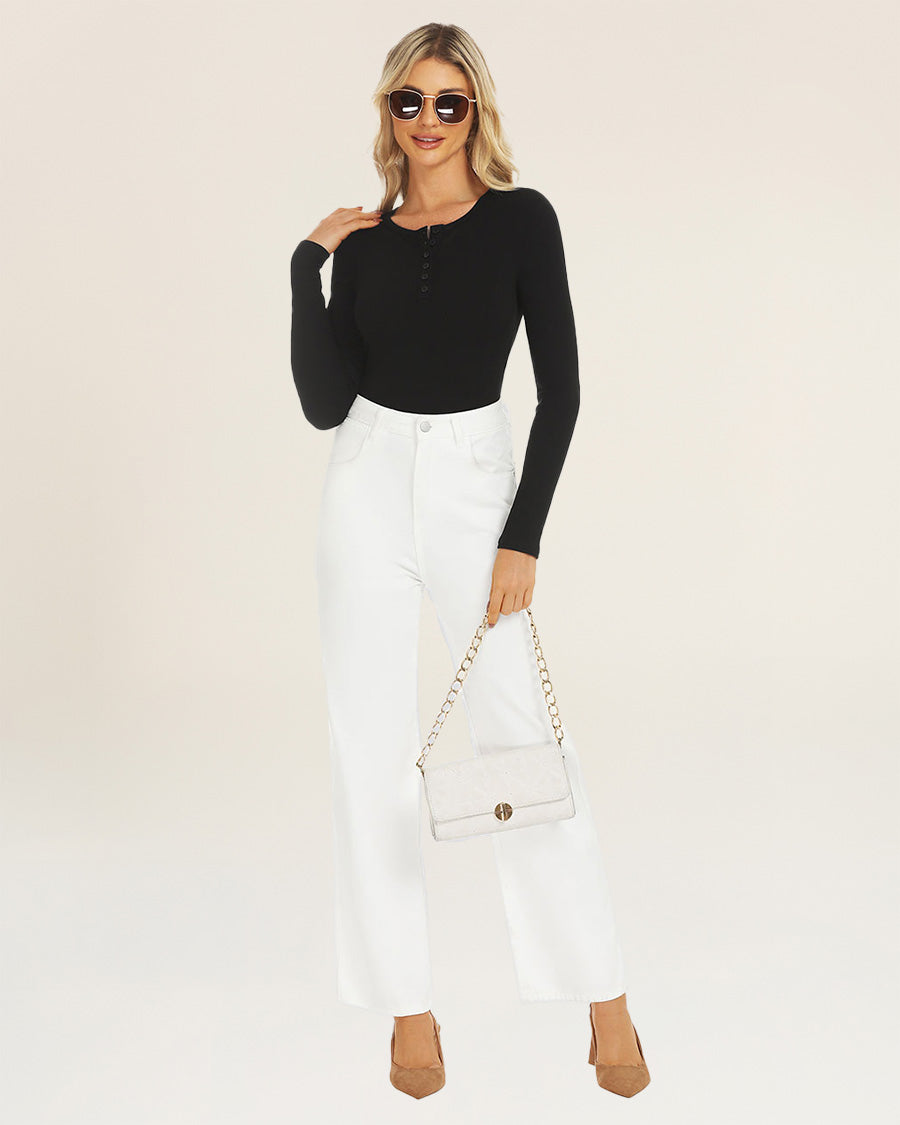 Black Ribbed Knit Henley Top | Long-Sleeve Shirt with 6 Buttons