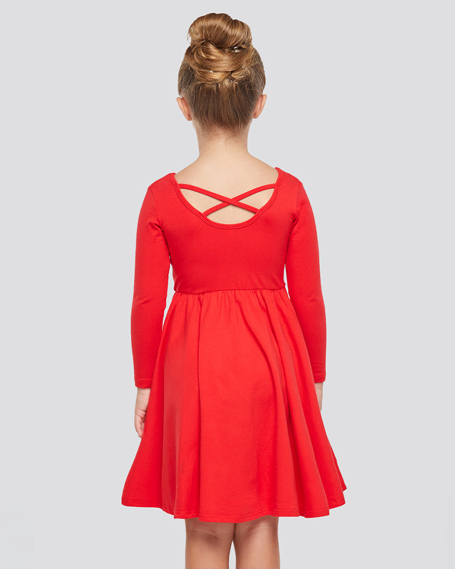 Girls Long Sleeve A-Line Twirly Dress in Red