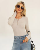 Desert Beige Ribbed Knit Henley Top | Long-Sleeve Shirt with 6 Buttons