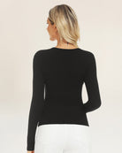 Black Ribbed Knit Henley Top | Long-Sleeve Shirt with 6 Buttons