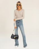 Desert Beige Ribbed Knit Henley Top | Long-Sleeve Shirt with 6 Buttons