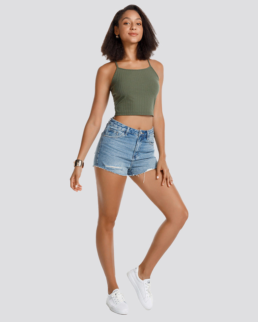 Green Ribbed Knit Cami Crop Top