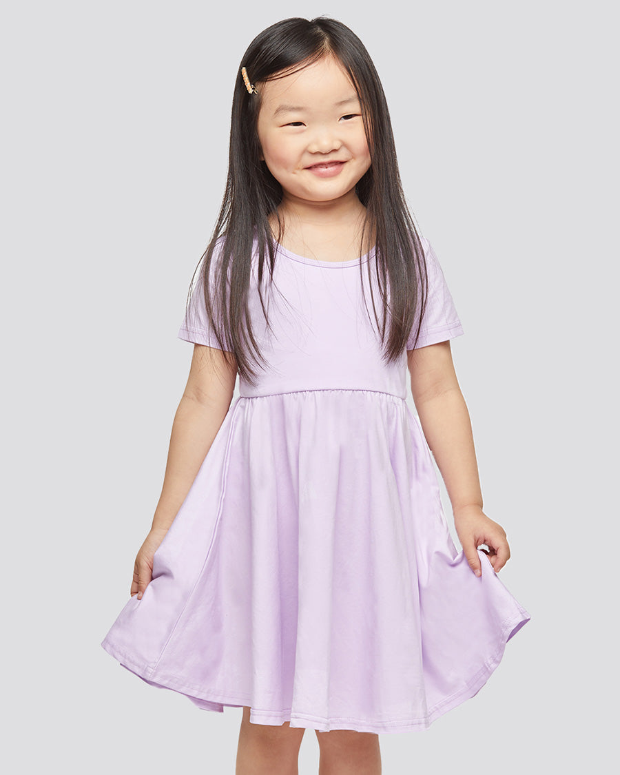 Girls Short Sleeve A-Line Twirly Dress in Lavender
