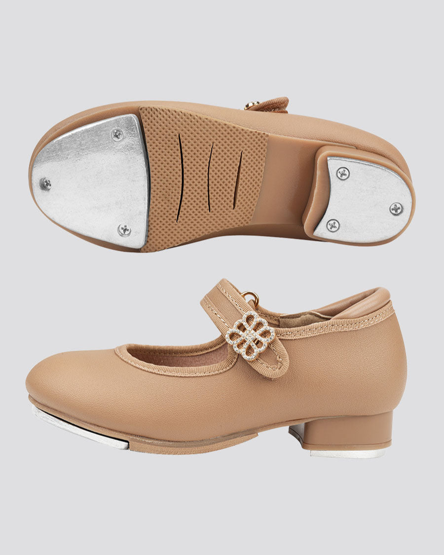 Tan Kids Floral buckle Tap Shoes
