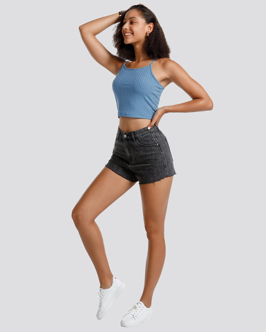 Blue Ribbed Knit Cami Crop Top