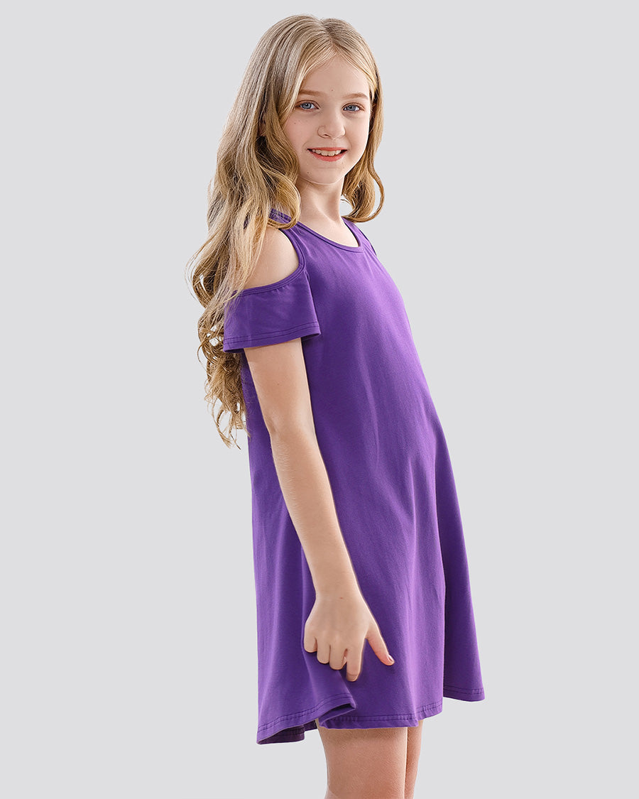 Purple Girls Cold Shoulder Tunic A-Line Twirly Dress