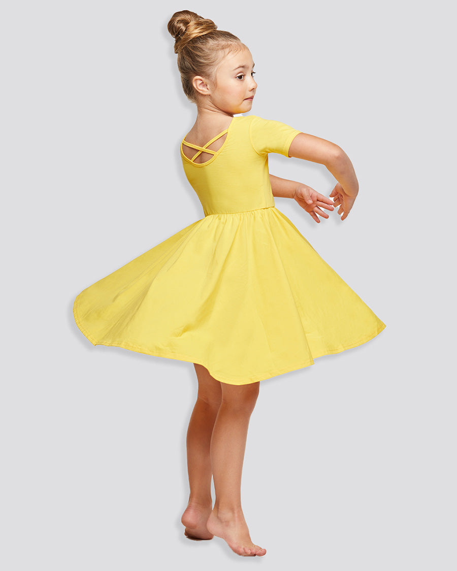 Girls Short Sleeve A-Line Twirly Dress in Yellow