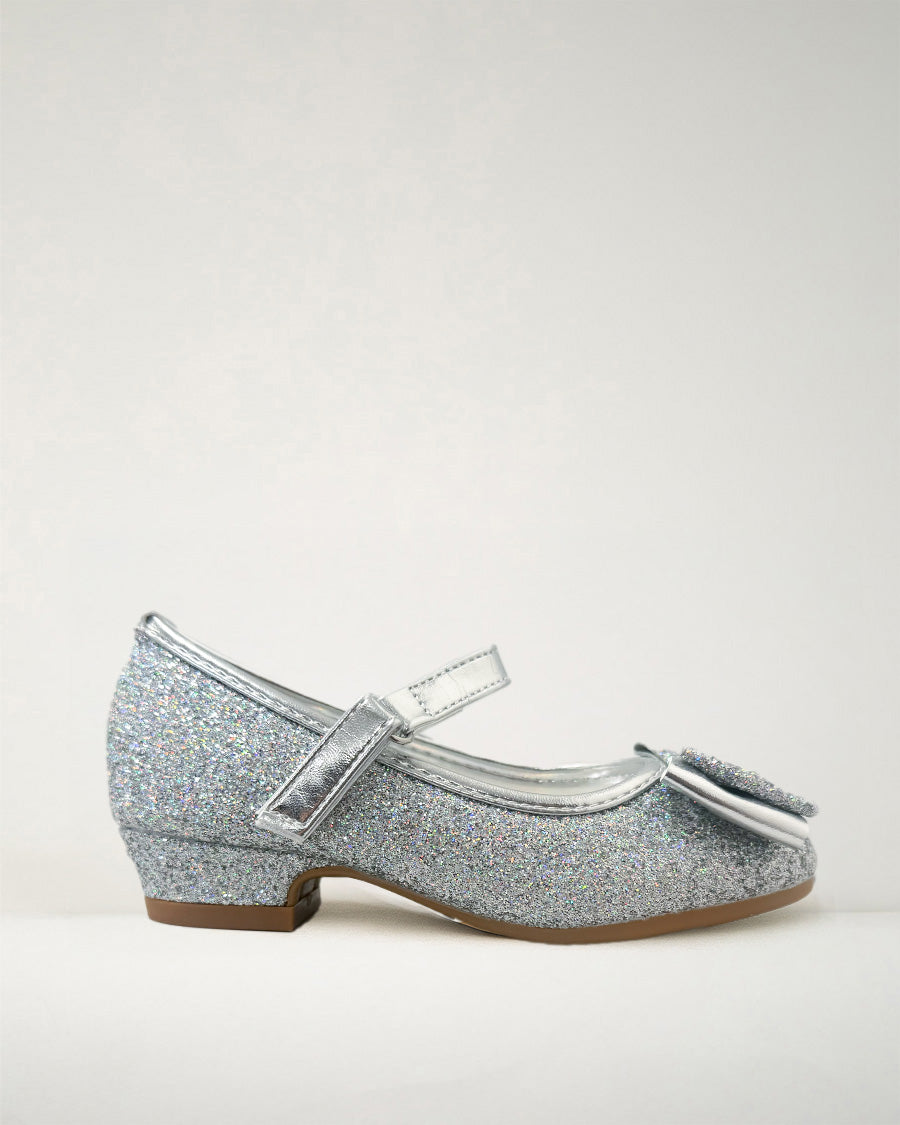 Silver Girls Glitter Mary Jane Low Heel Shoes