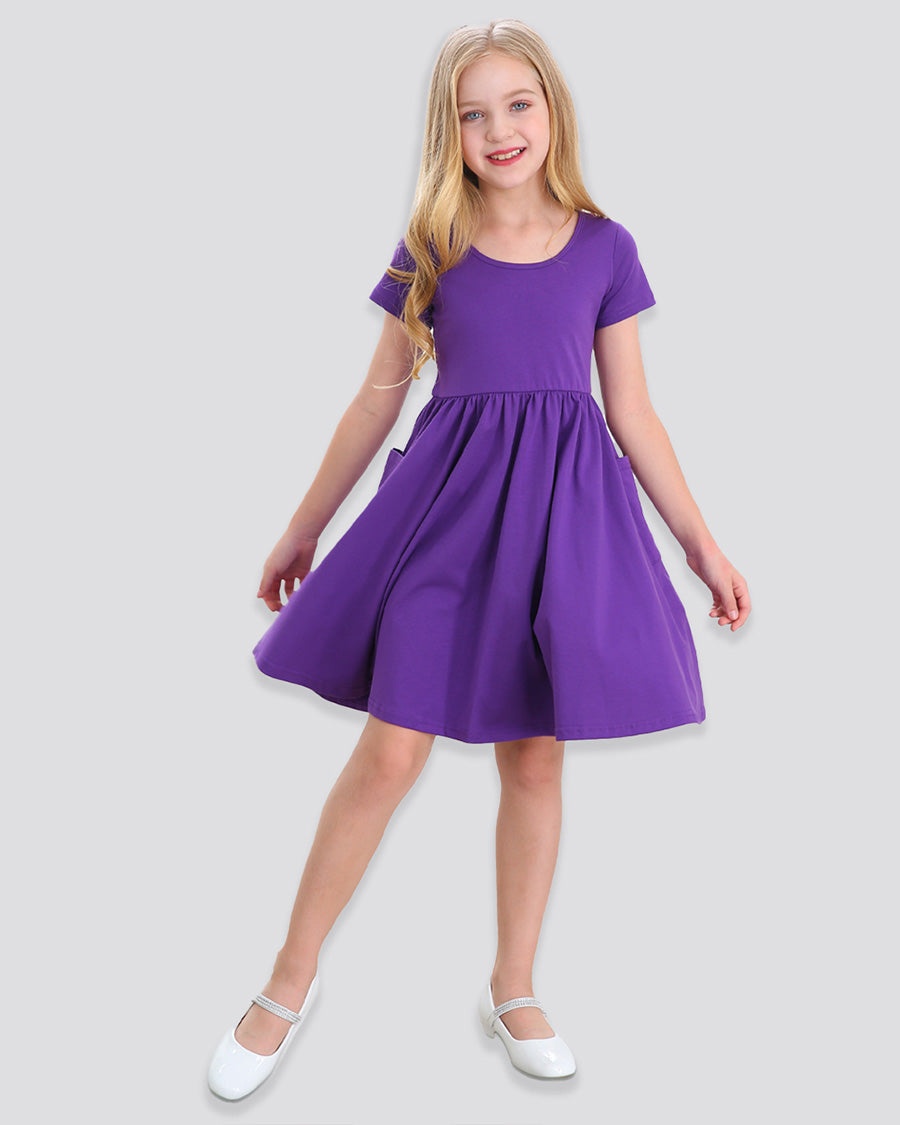 Girls Short Sleeve A-Line Twirly Dress with Pockets in Purple