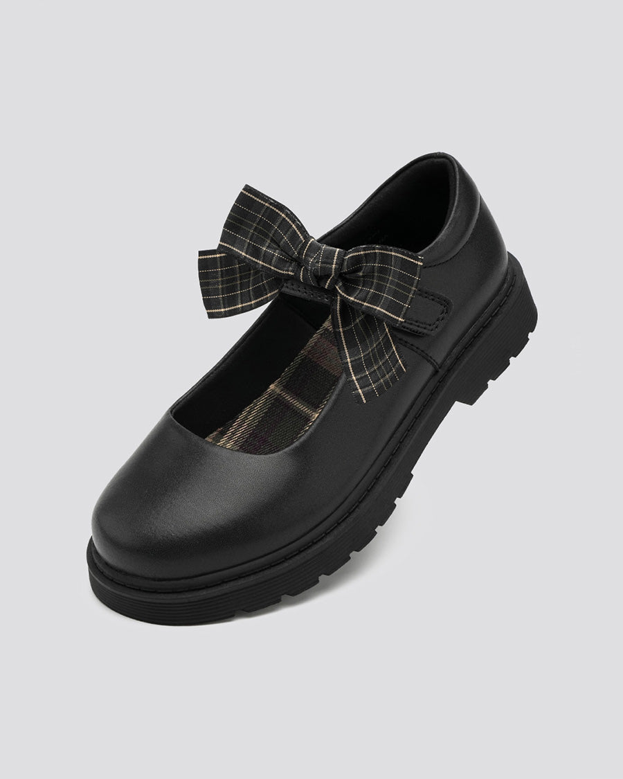 Girls Matte Black Mary Janes with Detachable Bows - View 1