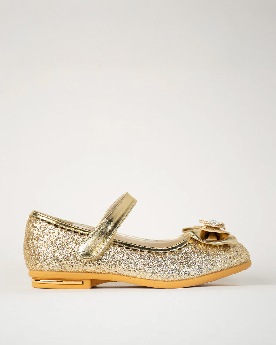 Gold Girls Crown Glitter Low Heel Mary Jane Dress Shoes