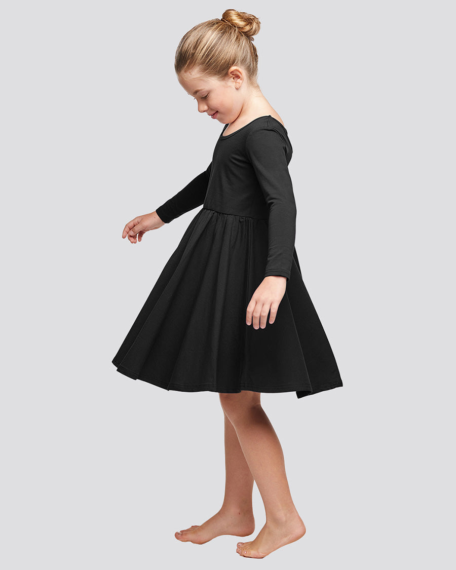 Girls Long Sleeve A-Line Twirly Dress in Black