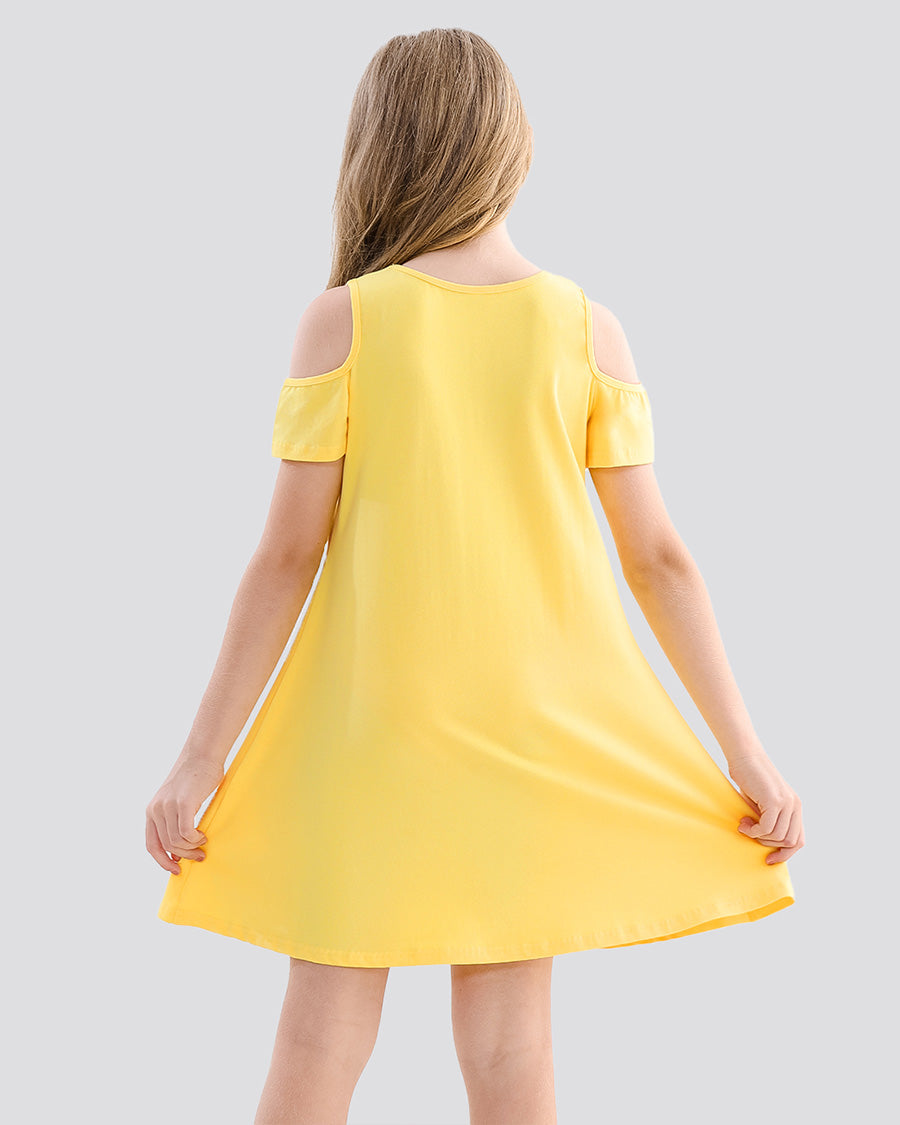 Yellow Girls Cold Shoulder Tunic A-Line Twirly Dress