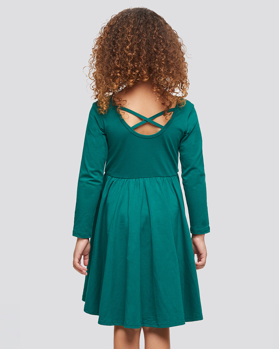 Girls Long Sleeve A-Line Twirly Dress in Green