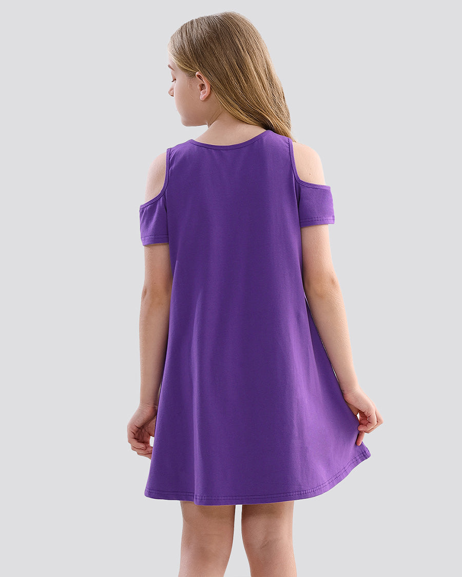 Purple Girls Cold Shoulder Tunic A-Line Twirly Dress