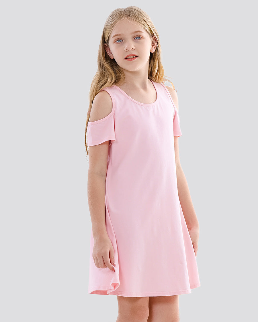 Pink Girls Cold Shoulder Tunic A-Line Twirly Dress