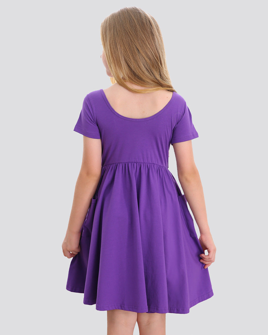 Girls Short Sleeve A-Line Twirly Dress with Pockets in Purple