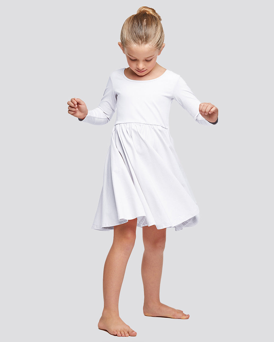 Girls Long Sleeve A-Line Twirly Dress in White