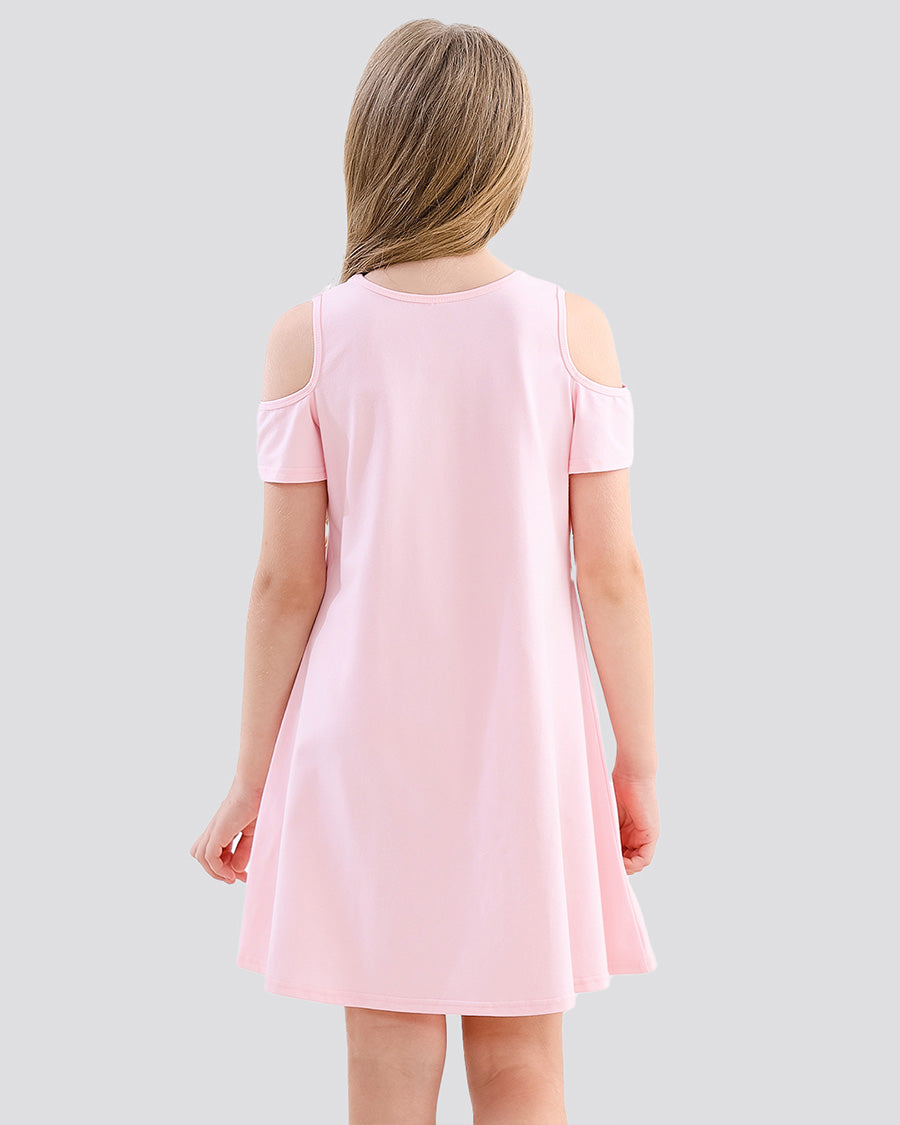 Pink Girls Cold Shoulder Tunic A-Line Twirly Dress