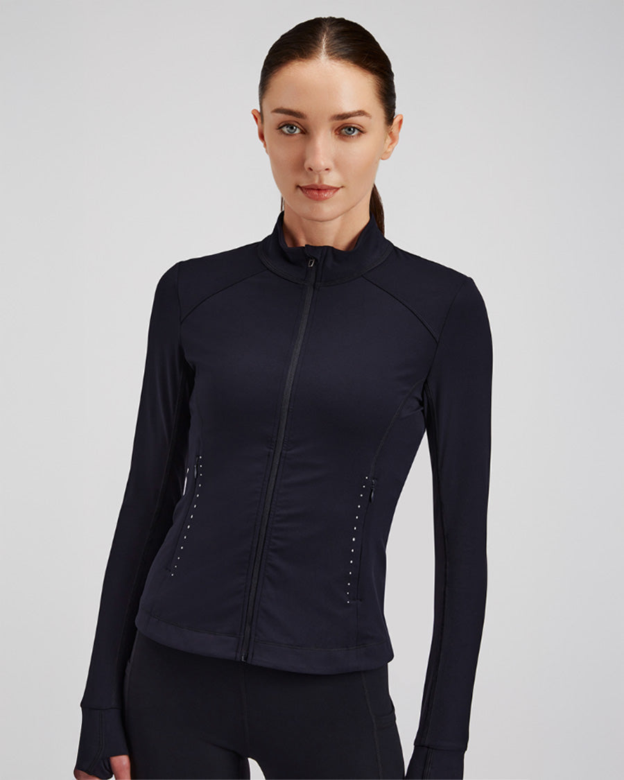Black Slim-Fit Athletic Jacket | Full-Zip with Pockets