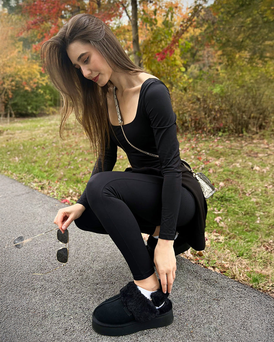 Black Warm-Lined Suede Slippers