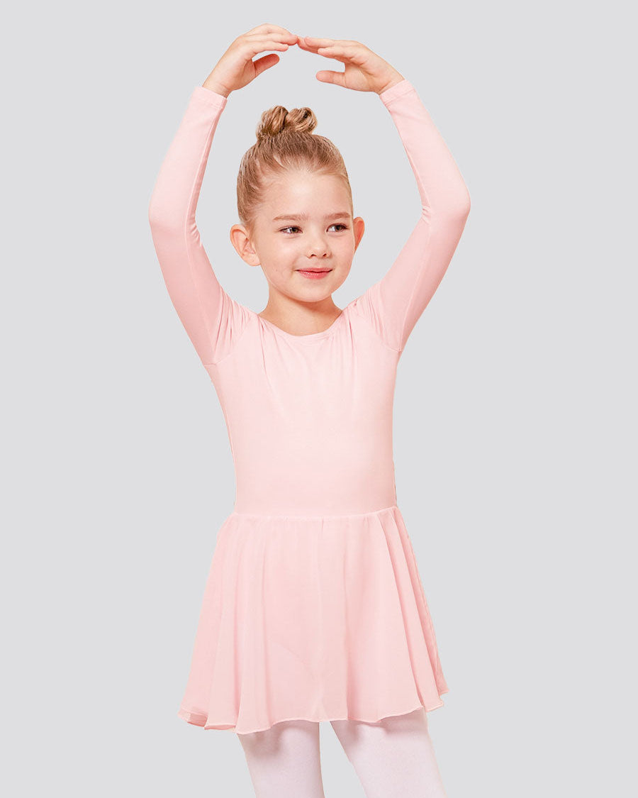 Ballet Pink Girls Long Sleeve Ballet Leotards with Sheer Skirt