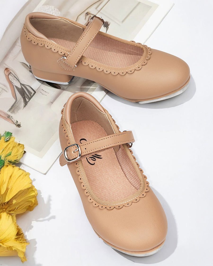 Tan Kids Elegant Scallop Tap Shoes
