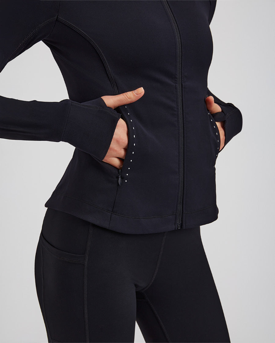 Black Slim-Fit Athletic Jacket | Full-Zip with Pockets