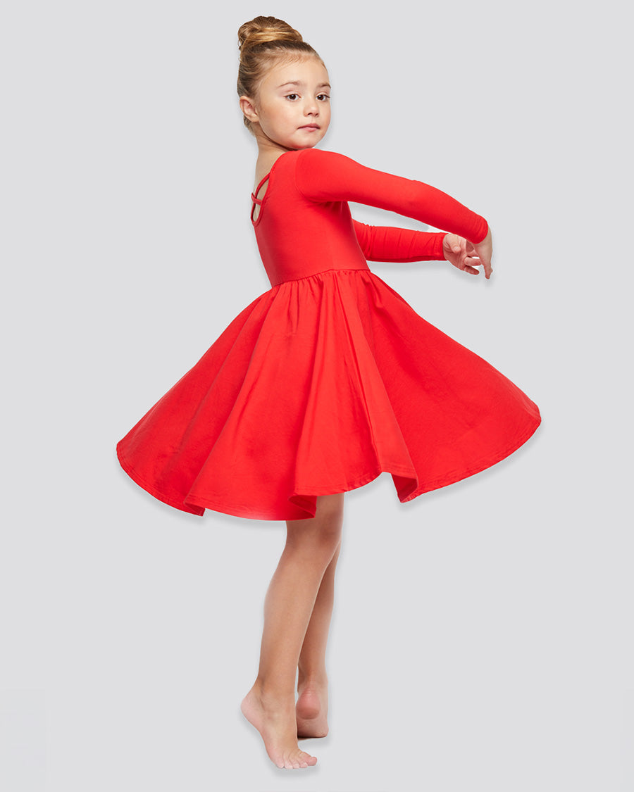 Girls Long Sleeve A-Line Twirly Dress in Red