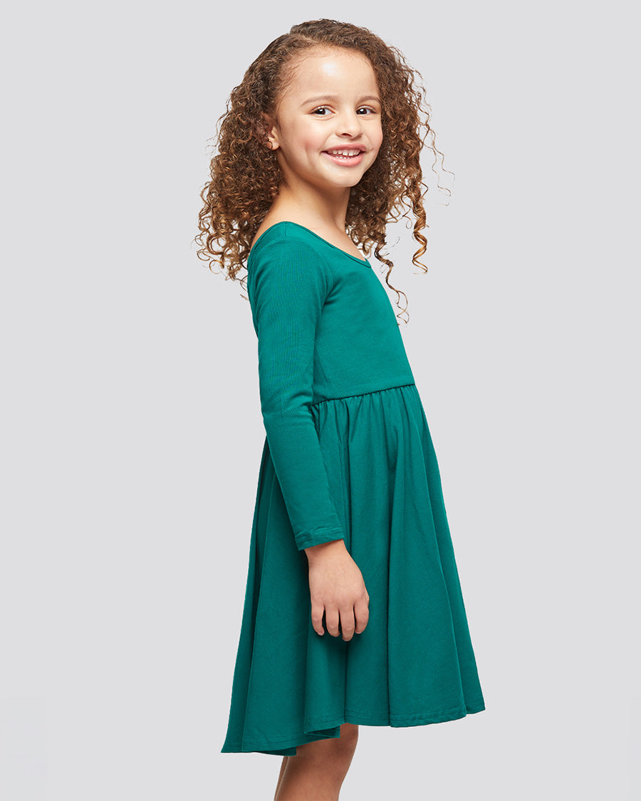 Girls Long Sleeve A-Line Twirly Dress in Green
