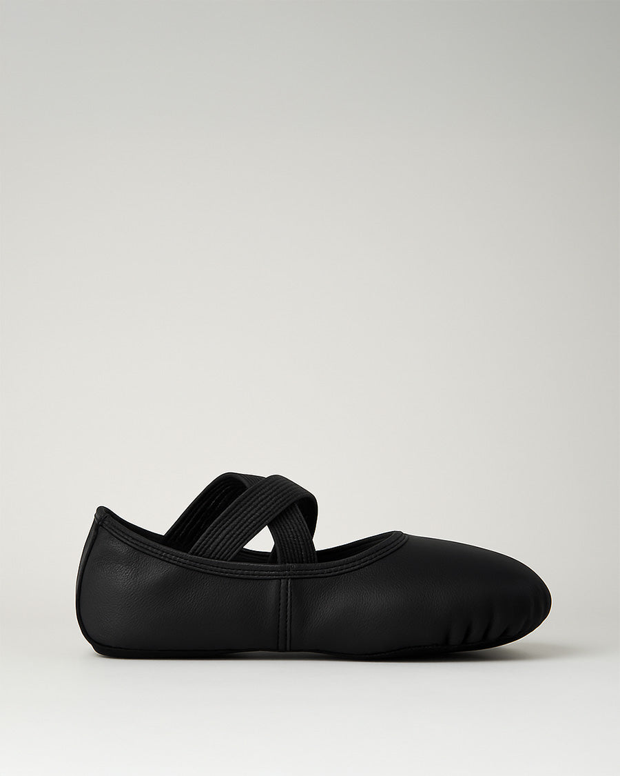 Black Kids PU Leather Ballet Shoes(split sole, no drawstring)