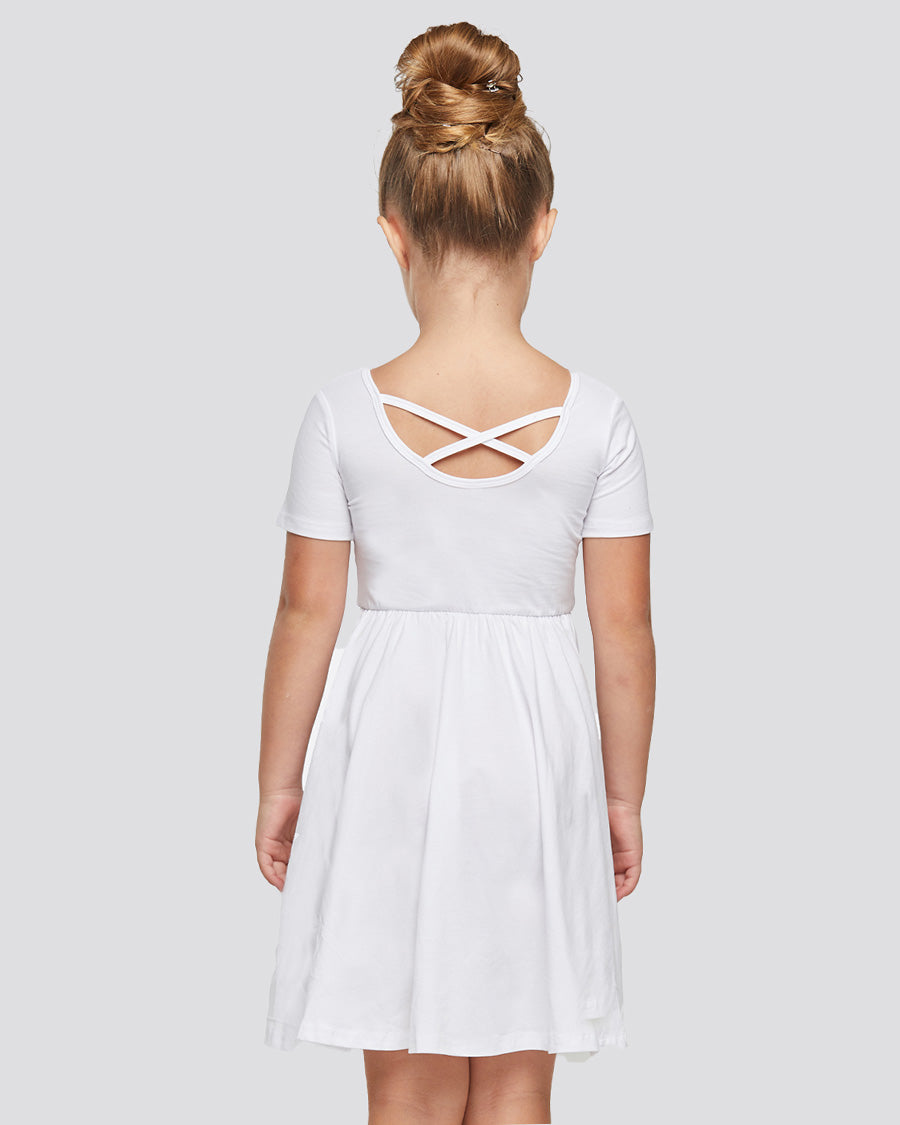Girls Short Sleeve A-Line Twirly Dress in White